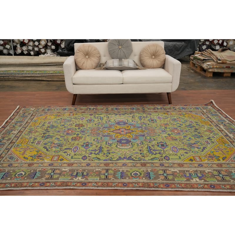 Hand Knotted Oriental 100% Wool Carpet Traditional Medallion Green Tabriz Area Rug - 9' 2'' X 6' 5''