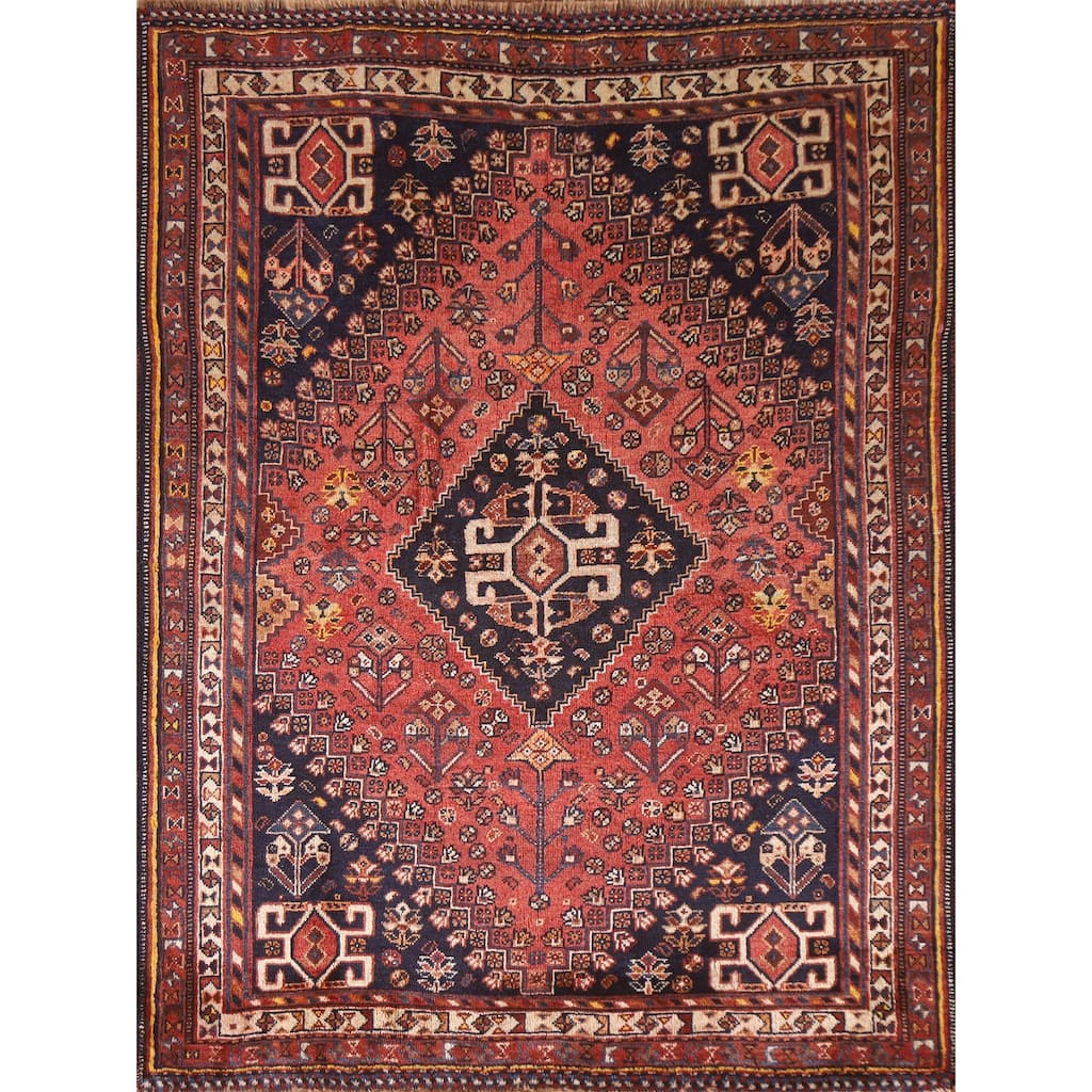 Vegetable Dye Shiraz Persian Rug Hand-knotted Vintage Wool Carpet - 3'9"x 5'2"