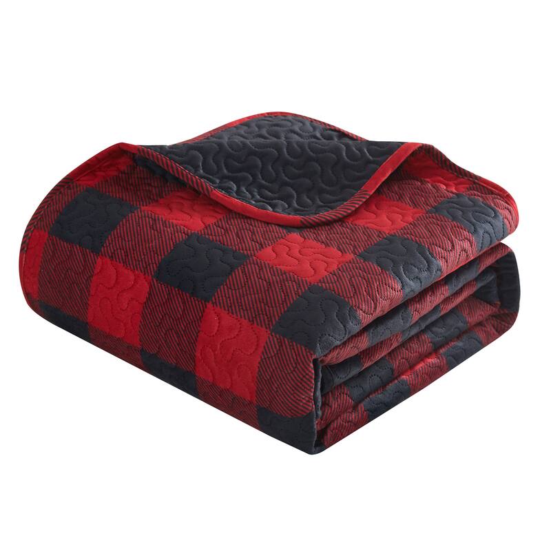 Dearfoams Red and Black Buffalo Check Micromink 3 Piece Quilt Set