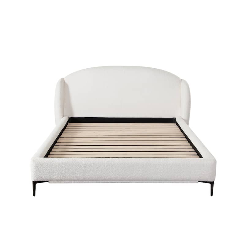 Peli King Size Bed, Low Profile Curved Back Ivory Faux Shearling Upholstery