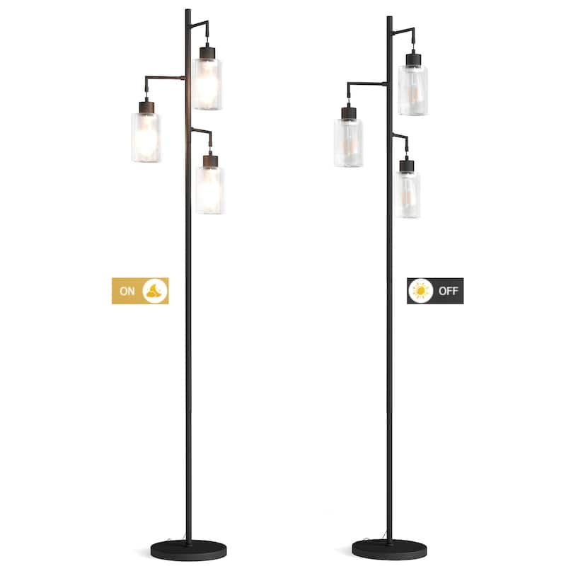 67" 3-Light Tree-Shaped Floor Lamp - Glass Lampshades & Foot Switch for Living Room & Bedroom