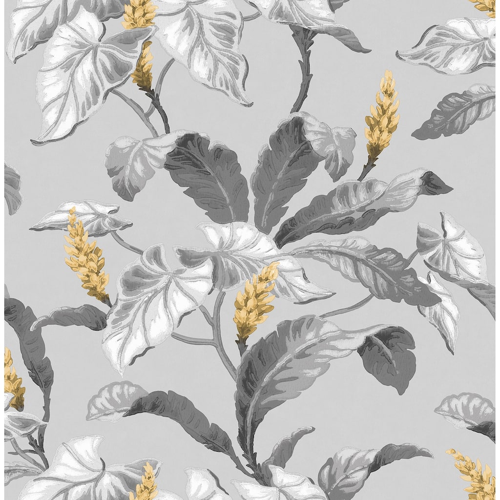 Brewster Meridian Parade Grey Tropical Leaves Wallpaper