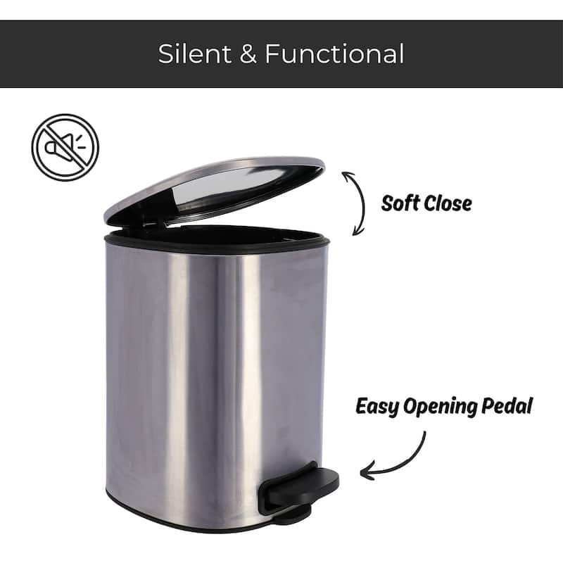 Stylish Metal Trash Can with Silent Soft Close Lid 5L - 1.3 Gal Foot Pedal - 1.3 Gallons