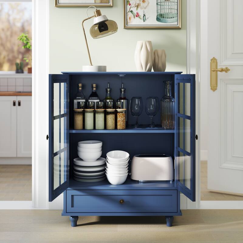 Buffet Cabinet with 2 Glass Doors & Drawer, Multifunctional Wooden Storage Cabinet, Coffee Bar Table with Adjustable Shelf