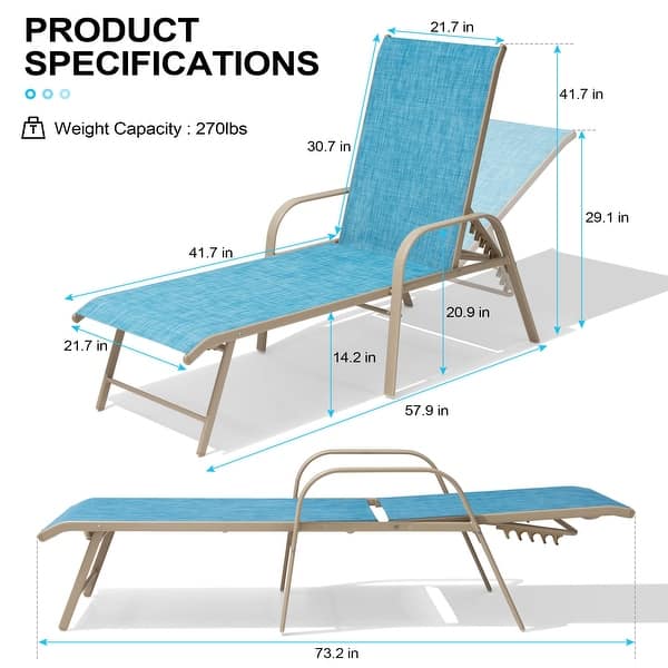 dimension image slide 5 of 9, Outdoor Patio Lounger Aluminum Adjustable Chaise Lounge Chairs with Arms (Set of 2/4) - See Picture