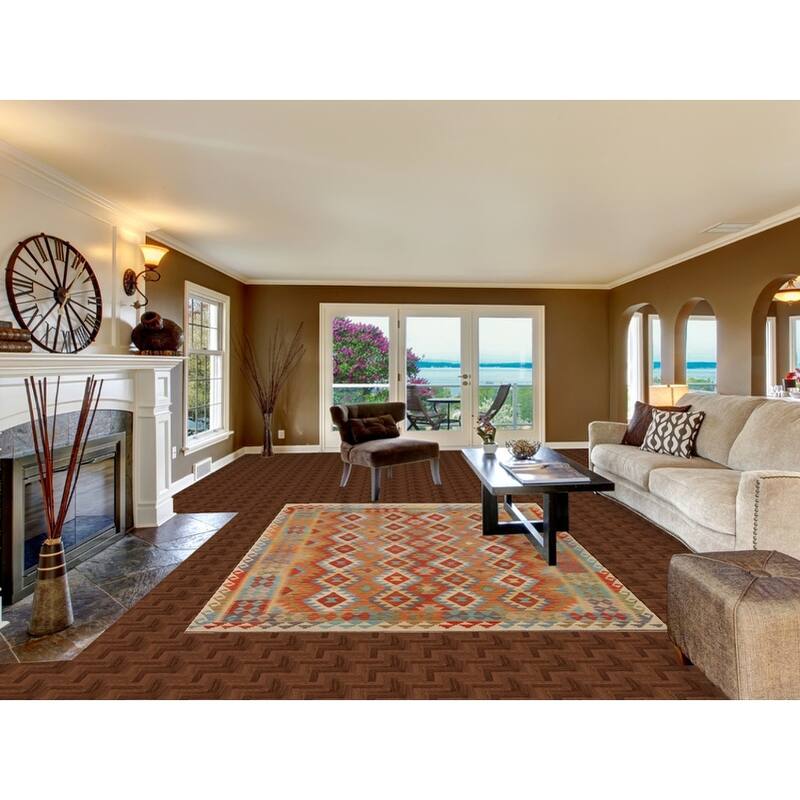 Hand Woven Oriental 100% Wool Carpet Southwestern All-Over Oranges & Rust Kilim Area Rug - 9' 5'' X 6' 7''