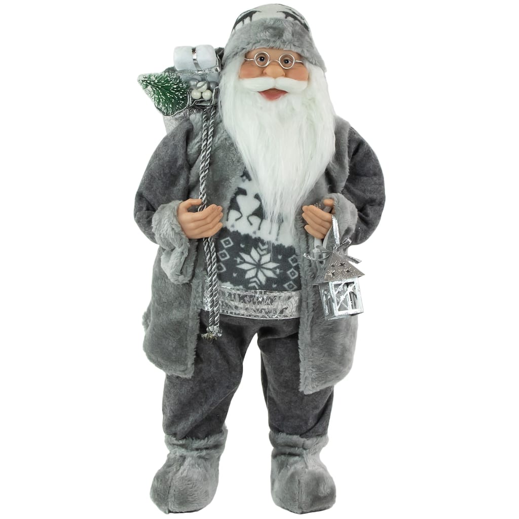 24" Gray and White Santa Claus with Lantern Christmas Figure