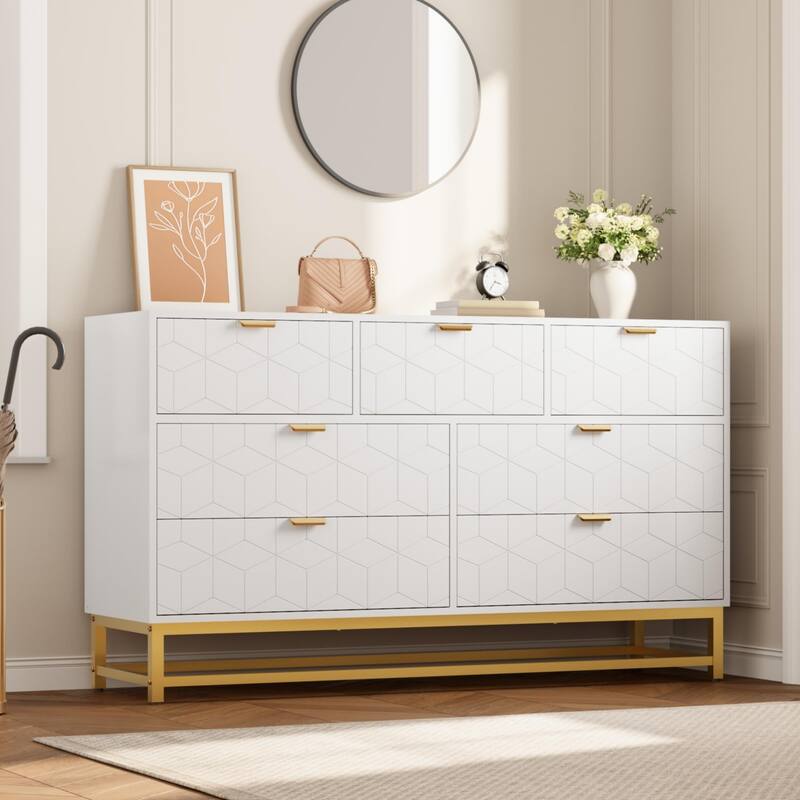 53.5" Wide 7-Drawer Dresser with Gold Metal Handles & Legs, Modern Storage Organizer for Bedroom or Hallway - White