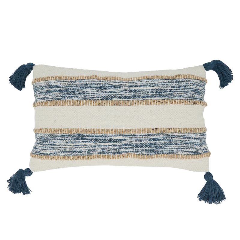 Striped Pillow With Tassel Corners Design - 12" x 20" - Polyester - Navy Blue