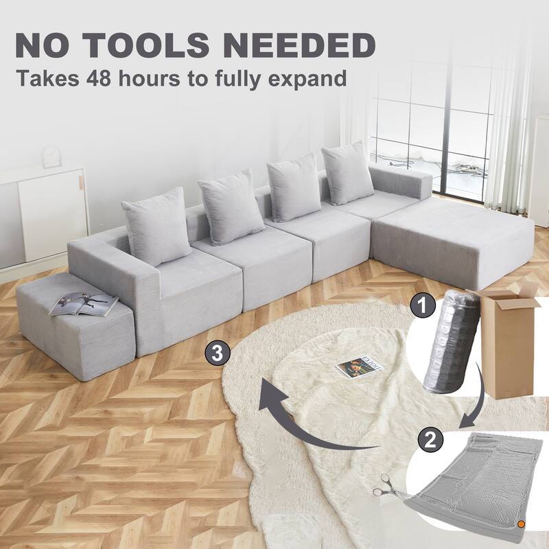 4-Seat Modular Sofa Sectional with Oversized Chaise & Ottomans Cloud Couch in Soft Corduroy Fabric