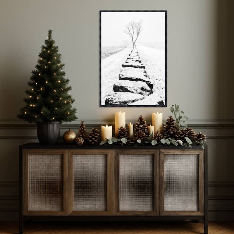 Snowy Stone Wall by Aledanda (23 x 33 in.), Framed Canvas Wall Art Print - Sylvie Beaded Black