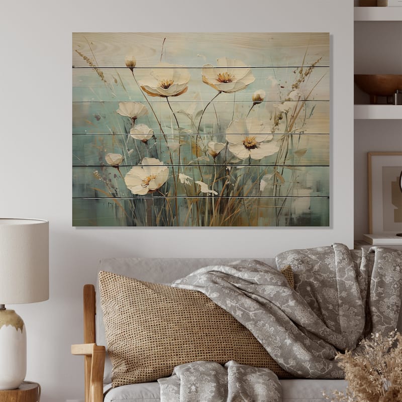 Designart "Meadow Whispers Of Spring I" Floral Print on Natural Pine Wood