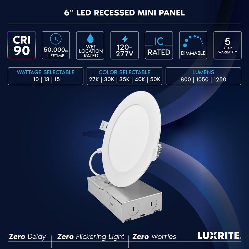 LUXRITE 6 Inch Canless Spotlight LED Recessed Light 5CCT Dimmable 800/1050/1250 Lumens CRI 90 10W/13W/15W ETL 24 Pack
