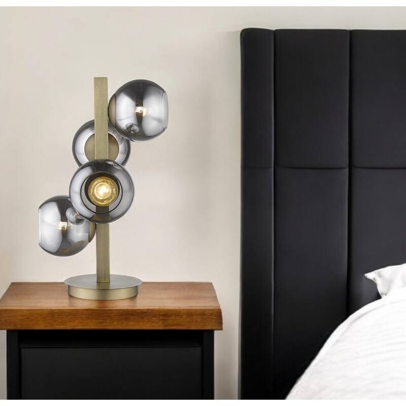 24-Inch Brass Metal Table Lamp with Silver Globe Shade and 4 Lights - 14.75" x 14.75" x 24" - Brass