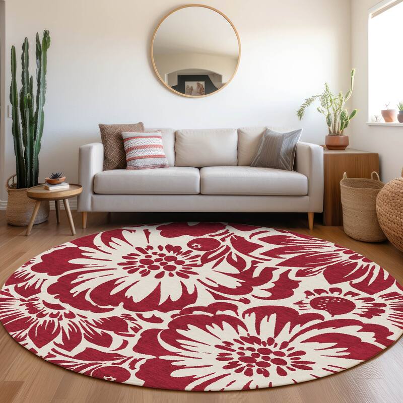 Machine Washable Indoor/ Outdoor Whimsy Floral Chantille Rug - Burgundy - 8' x 8'