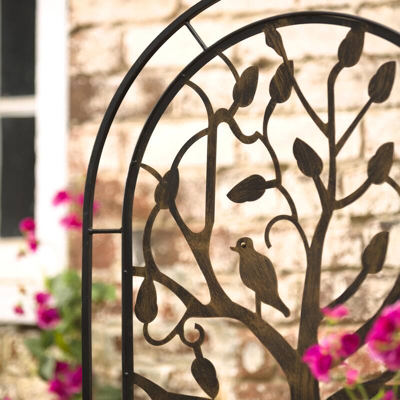 Metal Arched Garden Trellis with Tree of Life Design - Antique Copper