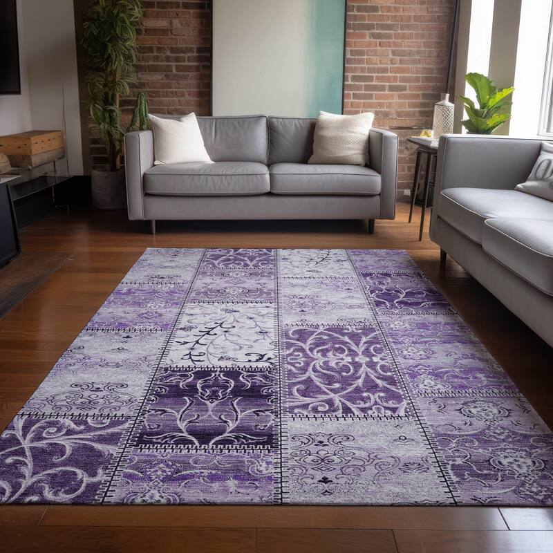 Machine Washable Indoor/ Outdoor Traditional Patchwork Chantille Rug - Purple - 10' x 14'