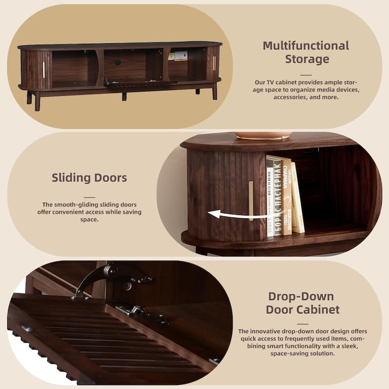 66.92" Elegant Woodgrain TV Stand - Premium Solid Wood Legs, Waterproof Surface and Smart Storage with Sliding Doors