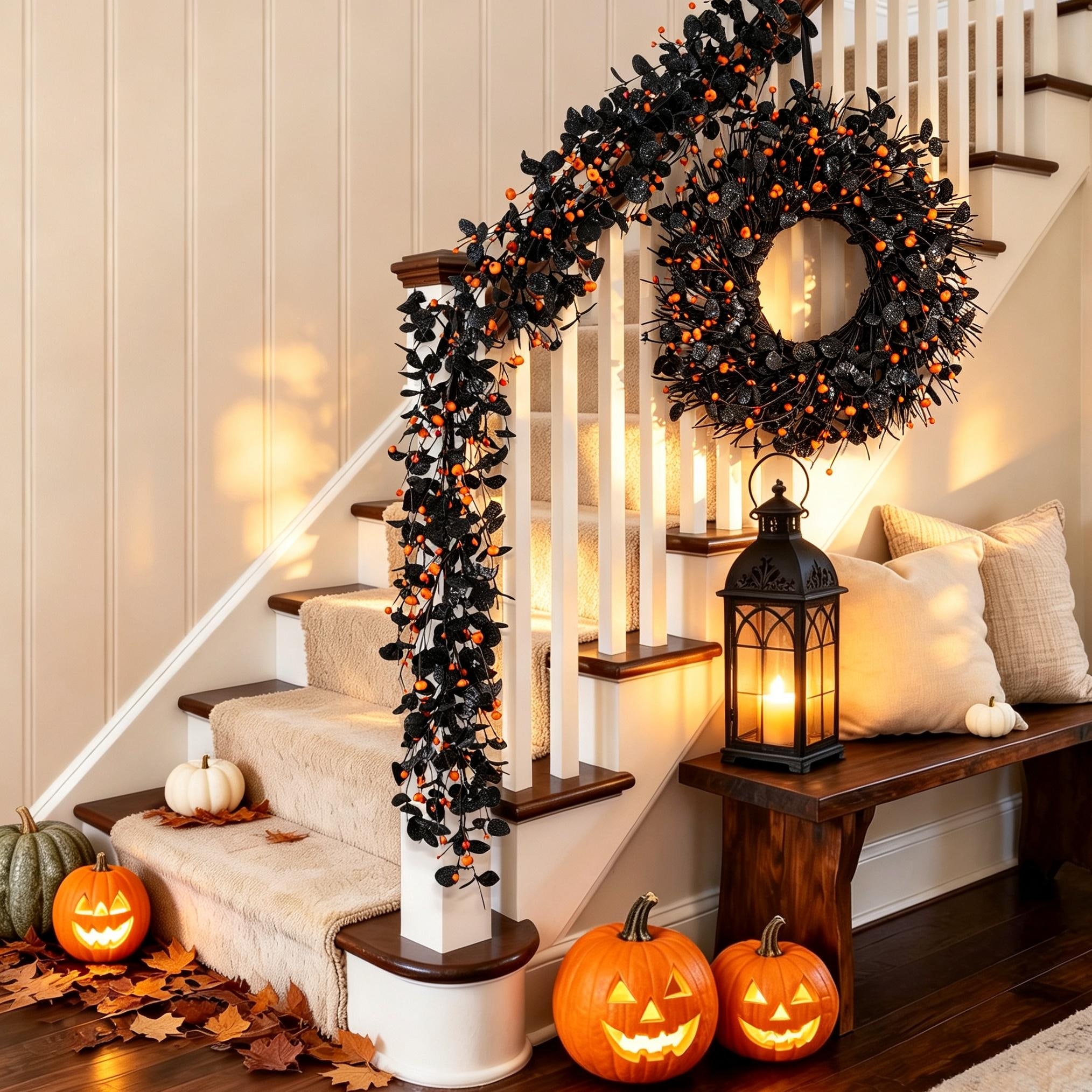 Glitzhome Halloween Eucalyptus Pumpkin Bat Garland Wreath