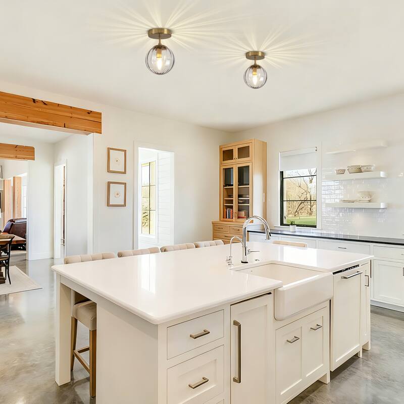 Modern Single Semi Flush Ceiling Light with Metal Base & Ribbed Gray Glass Globe Shade