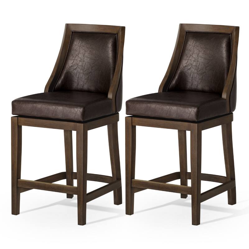 Maven Lane Vienna Swivel Kitchen Stool - Set of 2 - Walnut Vegan Leather - Counter Height
