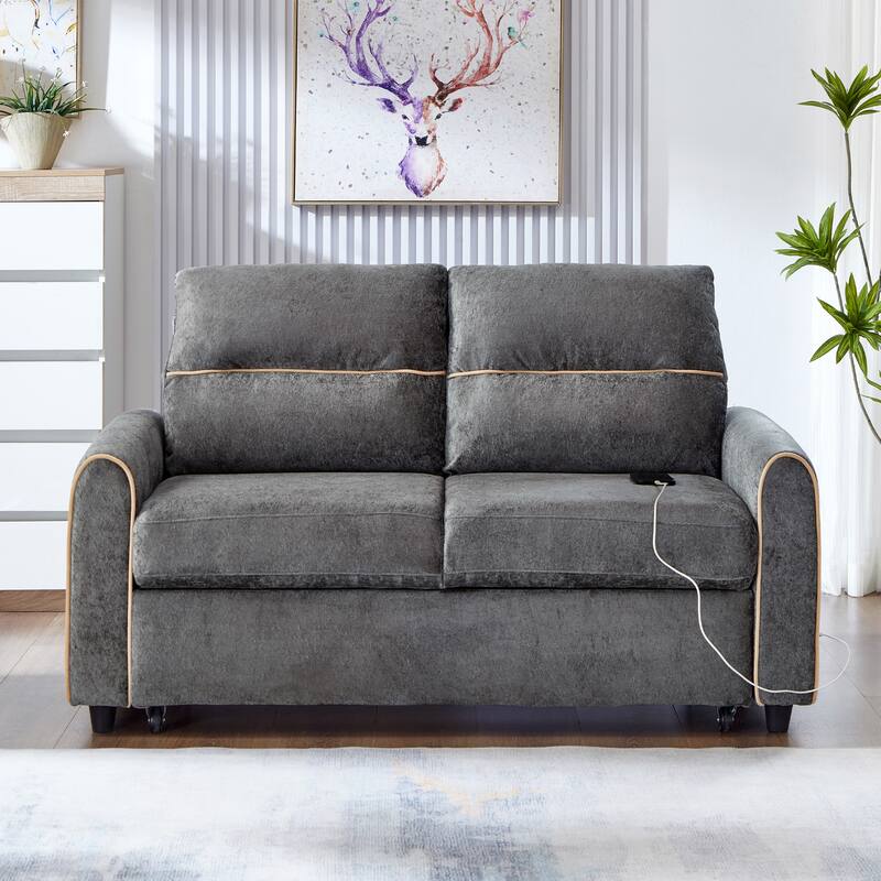 Roomfitters 58 Inch Chenille Pull Out Loveseat Sofa Bed with USB Ports and Side Storage Pockets, Modern - Grey