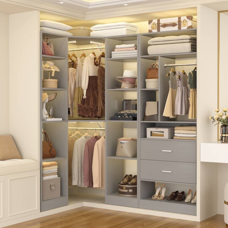 Rackcog 63.2'' W Corner Closet System with 2 Wooden Drawers and 3 Hanging Rods, Walk-in Closet Organizer with 12 Storage Shelves