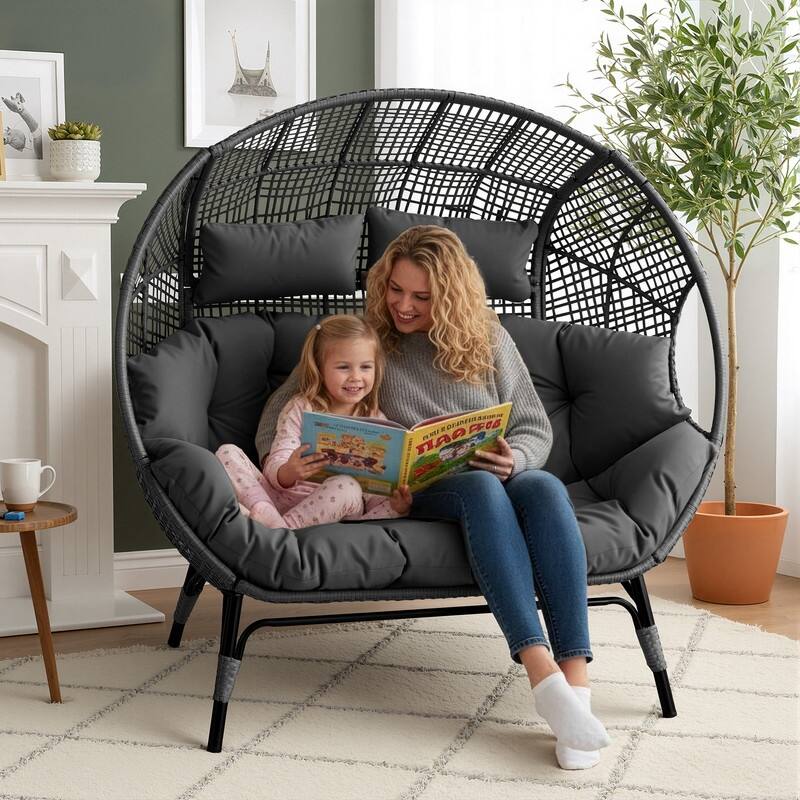 FINCATI 2-Person Indoor/Outdoor Wicker Egg Chair Loveseat, 57.1-in Wide, 6.5-in Cushion, 680-lb Capacity