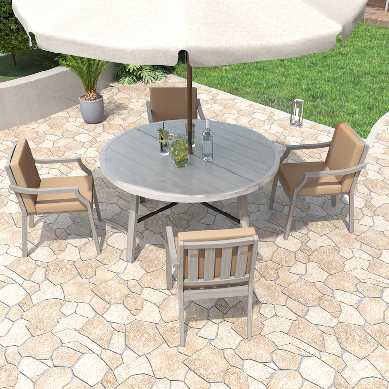 4-Person Outdoor Wooden Dinning Set with an Umbrella Hole and Removable Cushions - Grey