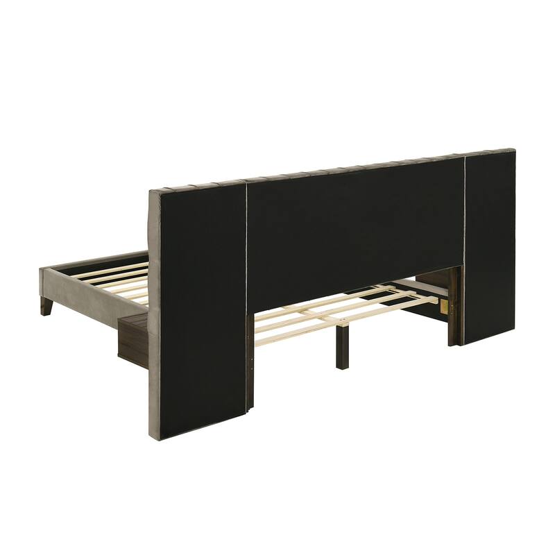 Upholstered Wall Panel Bed with 2 Floating Nightstands in Light Brown