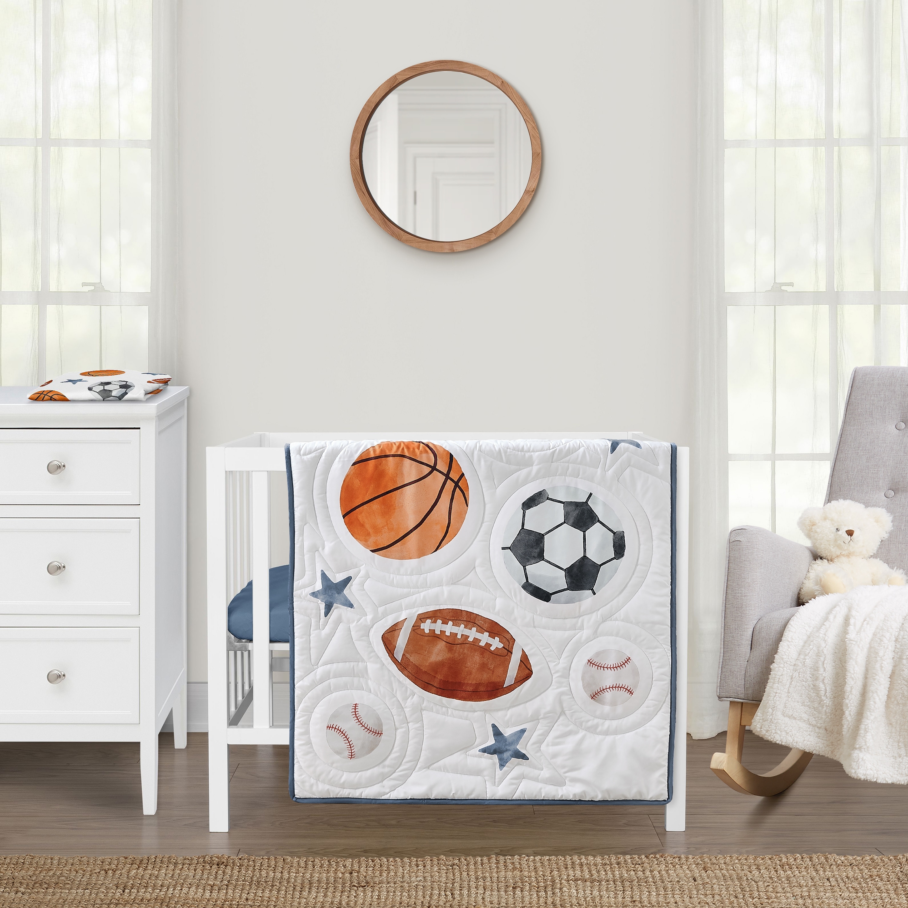 Sweet Jojo Designs Sports Theme Boy 3p Mini Crib Bedding Set Watercolor Soccer Balls Football Baseball Basketball Blue Stars