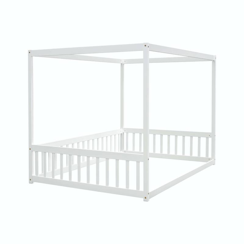 Full Size Canopy Frame Floor Bed with Fence, Guardrails,Natural