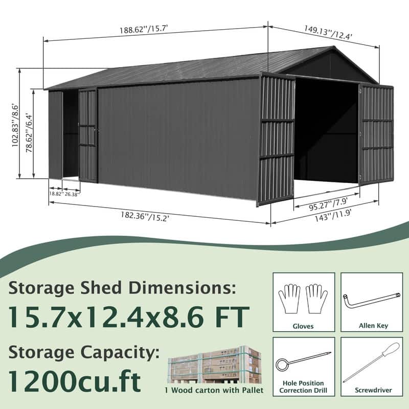 Domi 12x15FT Outdoor Metal Garage Shed,Extra Large Metal Carport with Lockable Double Doors,Heavy Duty Car Shelter,Dark Grey