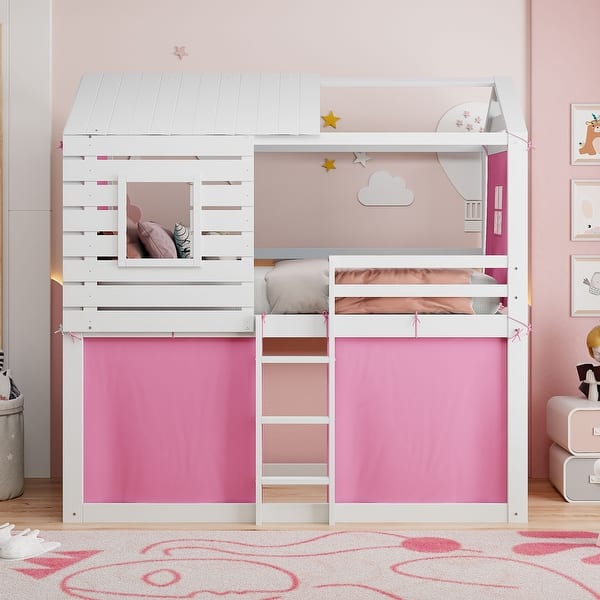 slide 2 of 13, Twin Size Solid Pine Wood Bunk Bed w/Roll-Away Tent, Windows,Roof,Pink Pink+White - Twin