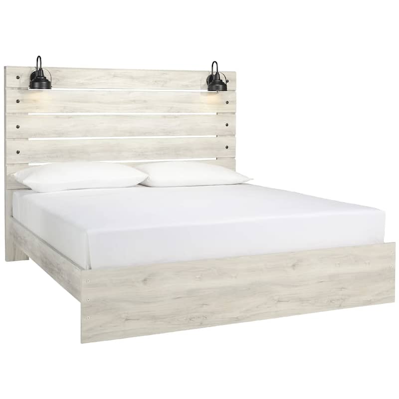 Cemy King Size Bed, Open Slat Headboard w 2 Sconce Lights Whitewash