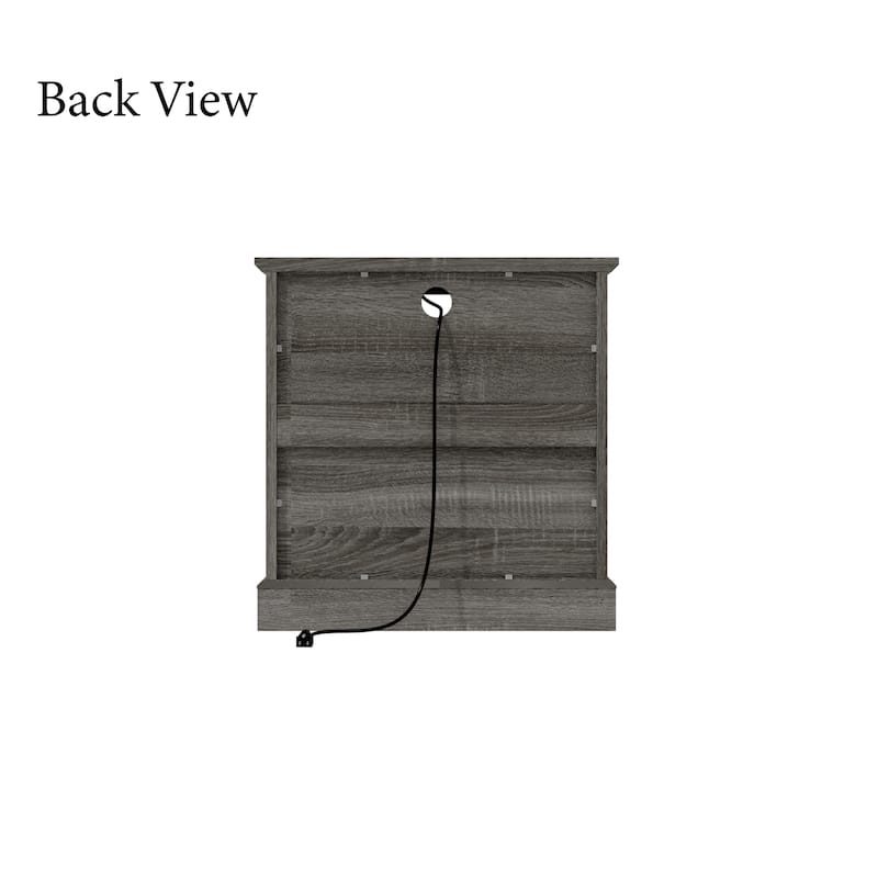 Farmhouse Nightstand with 2 Drawers, Open Shelf & Power Port, Rustic Bedside Table, Antique Brass Handles, White/Grey