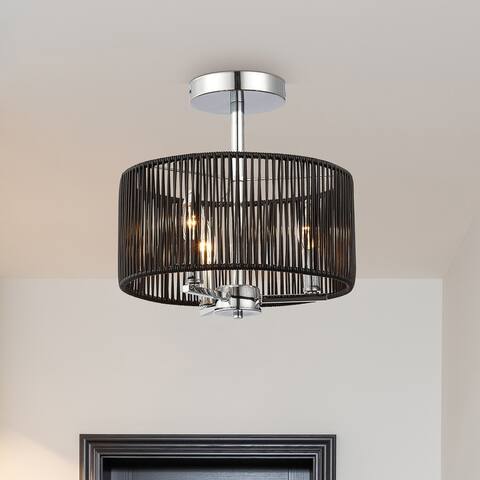 KAWOTI 3-Light Semi-Flush Mount Ceiling Lights with Black Rattan Shade - 12in Diameter