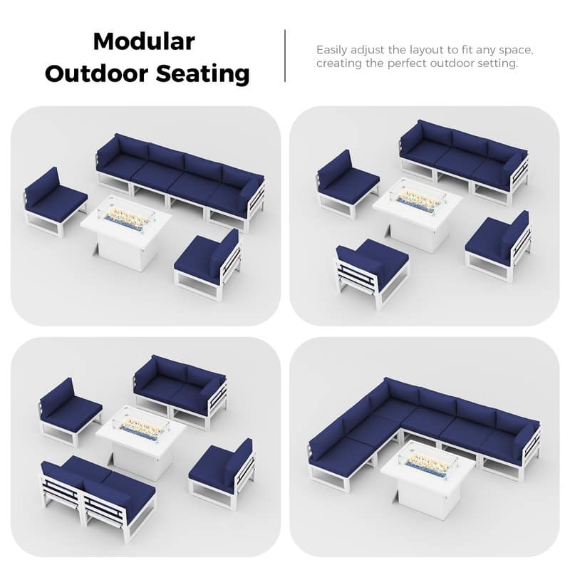 7 Piece Aluminum Patio Furniture Set with Fire Pit Propane/Natural Gas, 29 inch Deep Wide Seat Aluminum Outdoor Sectional