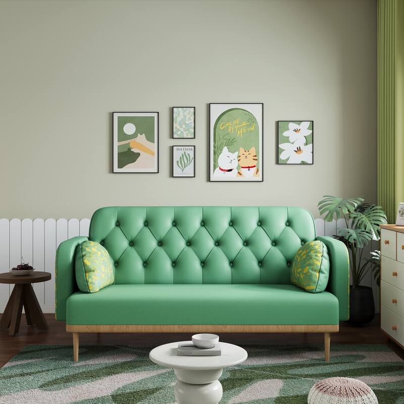 Modern Upholstered Two Seater Green Sofa with Tulip Pattern, Solid Wood Frame