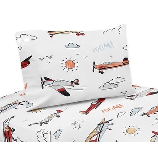 Vintage Airplane 4pc Queen Sheet Set - Grey Yellow Orange Red White and Blue Airplanes Air Plane Transportation Clouds Sun Sky