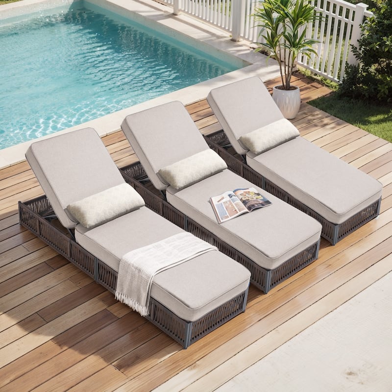 Pocassy Outdoor Lounge Chairs, Pool Lounge Chairs with Adjustable Backrest - 3-Piece Brown Wicker Beige Cushion