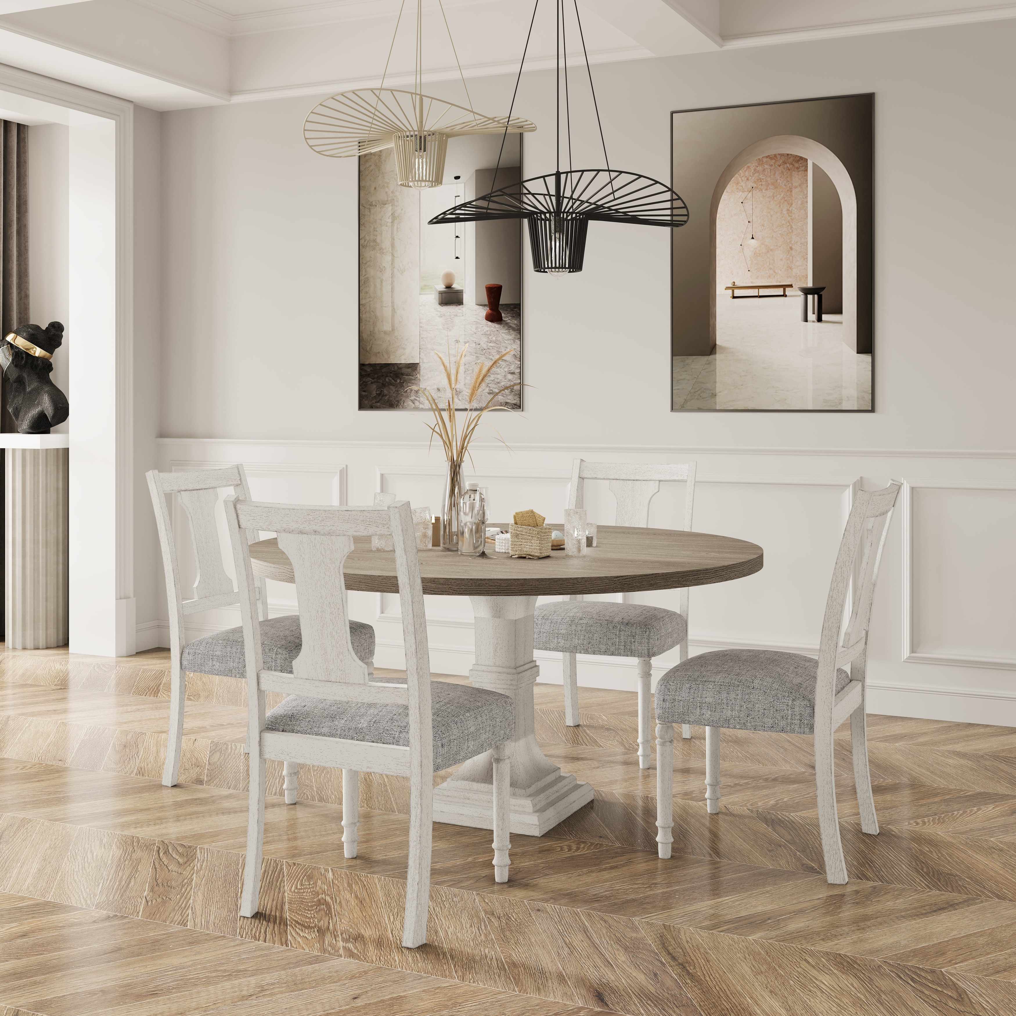 5pc Dining Table Set Round Top Pedestal Base Upholstered Seat Chairs