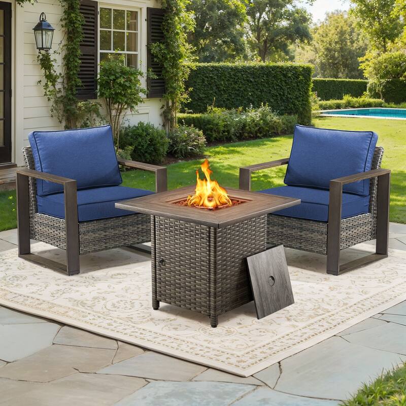 Meyreso 3-Piece Wicker Patio Conversation Set with Fire Pit & Plush 4.5" Olefin Cushions