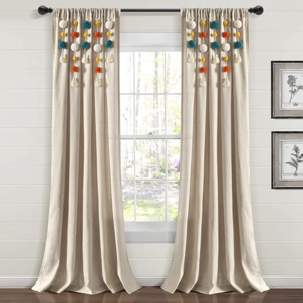 slide 2 of 8, Lush Decor Boho Pom Pom Tassel Linen Window Curtain Panel (Single) 52"W x 84"L - Turquoise/Orange