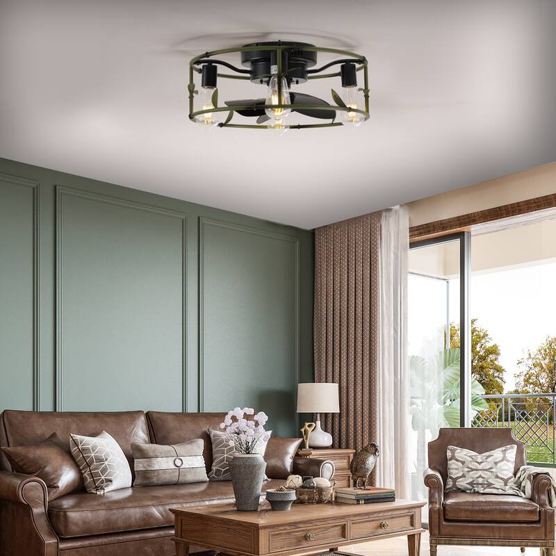 Cusp Barn 18.5-Inch Modern Industrial Cage Ceiling Fan with Light, 6-Speed Green Reversible Ceiling Fan Light with Remote