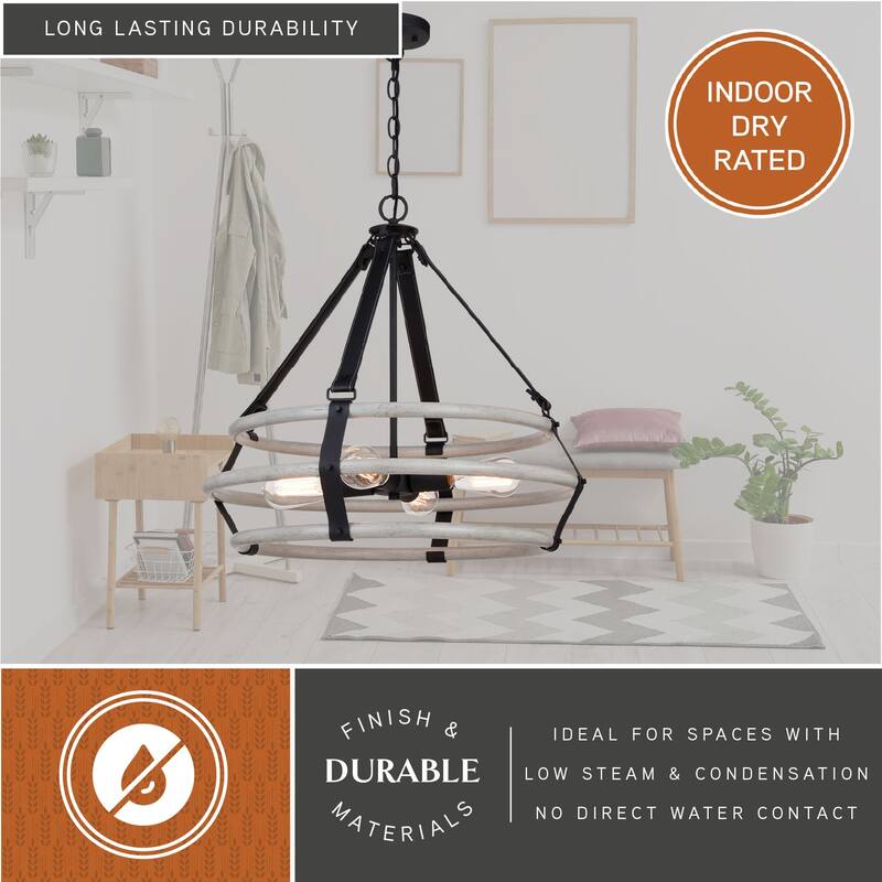 Taylor 4L Black and Ash Gray Drum Cage Industrial Pendant Light with Fabric Straps - 24-in W x 23-in H x 24-in D