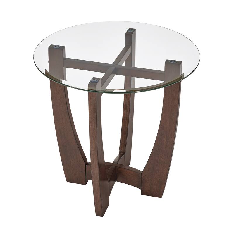23.5 Inch Round Glass Coffee Table, Cherry Round Coffee Table Center Table With Glass Top, Small Coffee Table