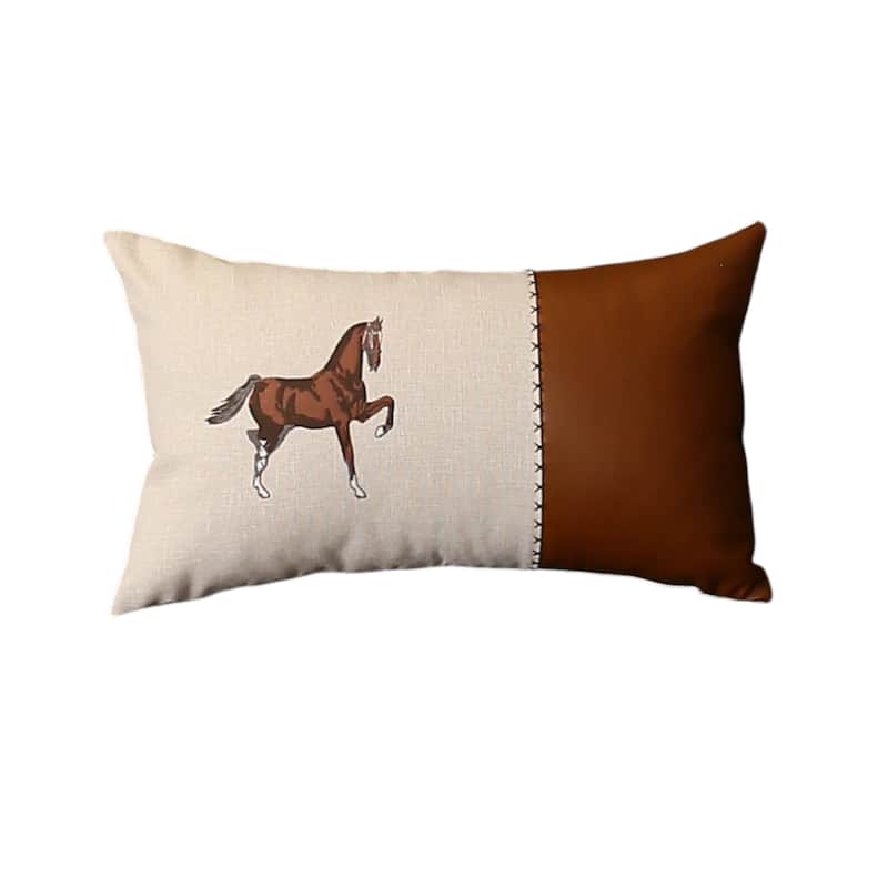 HomeRoots Set Of Four 20" X 12" Beige And Brown Horse Faux Leather Zippered Pillow With Embroidery