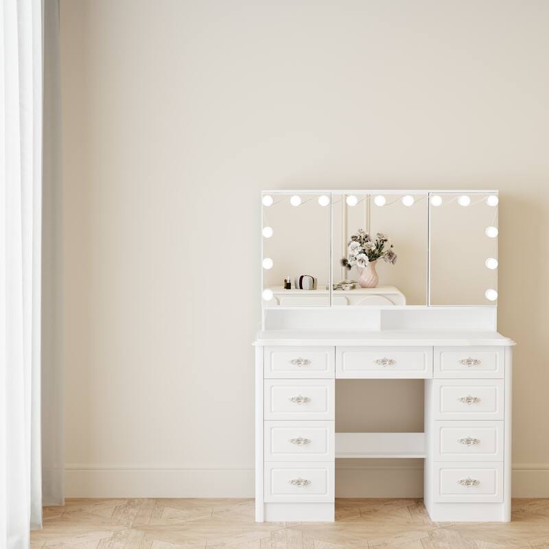 40.2"W Elegant Makeup Vanity Tri-Fold Mirror Lighting Dressing Table