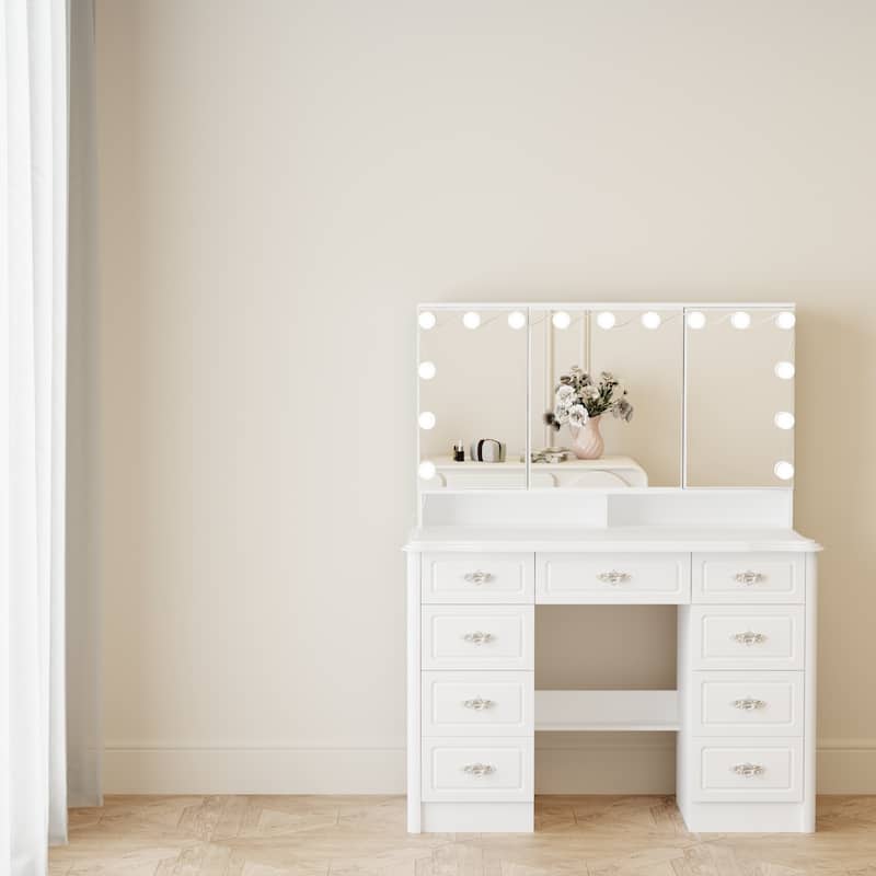 Makeup Vanity Desk with Lights and Mirror, White Vanity Table with 9 Drawers, Hollywood Lighted Vanity Desk Dressing Table